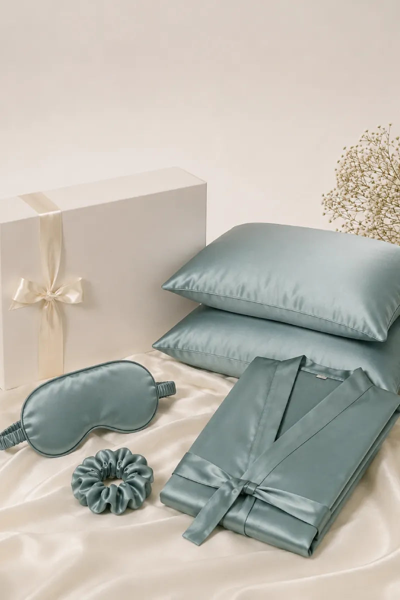 Luxury silk gift set with mulberry silk pillowcases, eye mask, scrunchie and premium gift box by Sava Republic