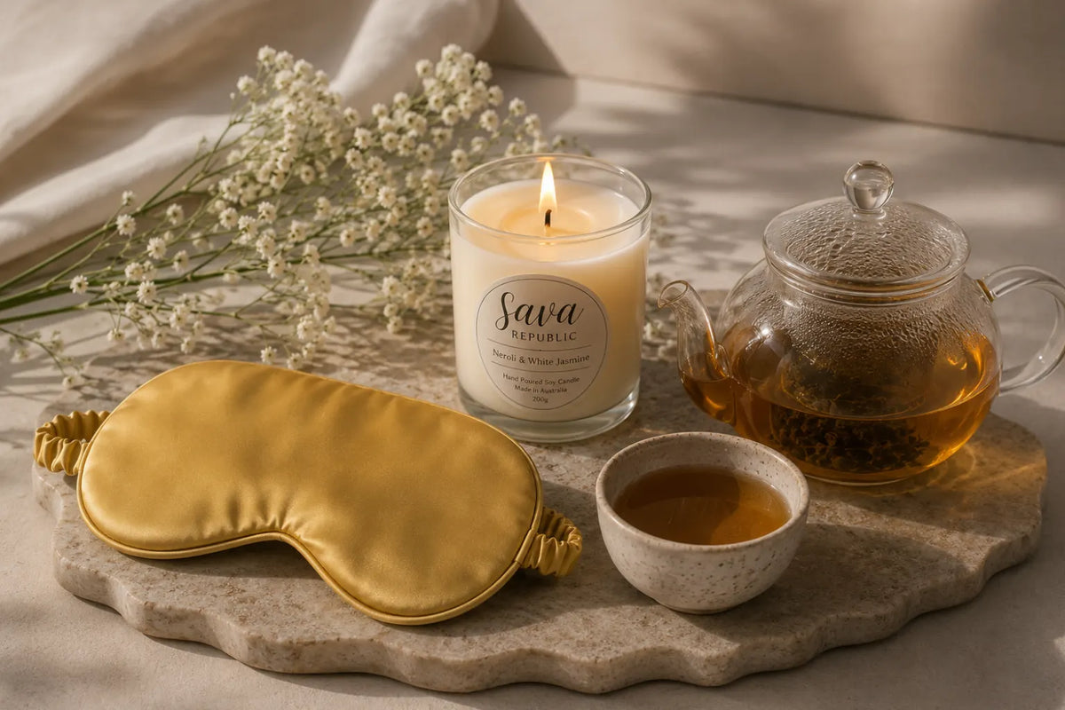 A relaxing self-care ritual featuring a Sava Republic soy candle, gold mulberry silk eye mask, loose-leaf tea and glass teapot in a warm, calming setting