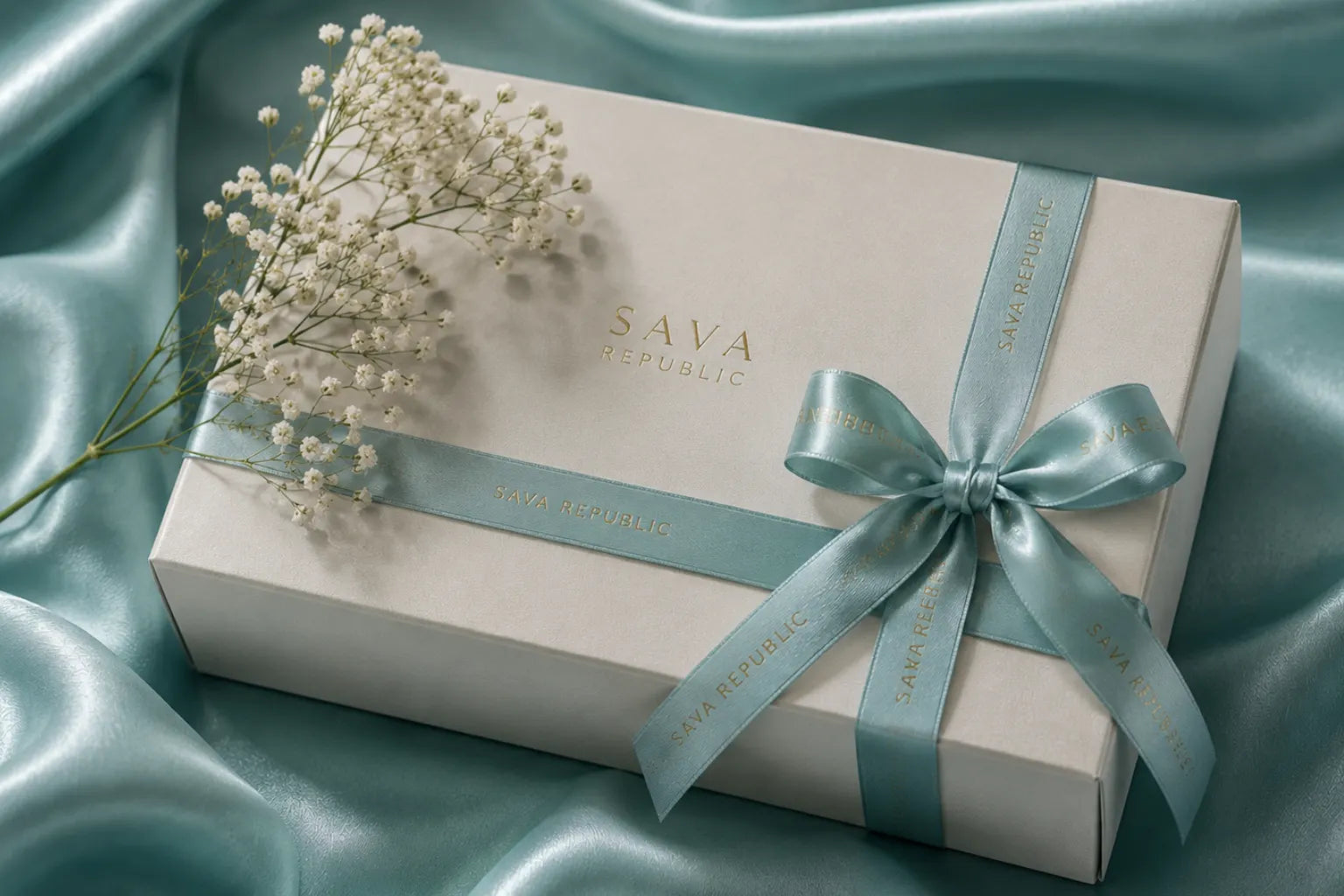 Luxury self-care essentials featuring mulberry silk pillowcases, a silk eye mask, silk scrunchie, satin robe, loose-leaf tea, soy candle and a Sava Republic gift box in a calming spa-inspired setting.