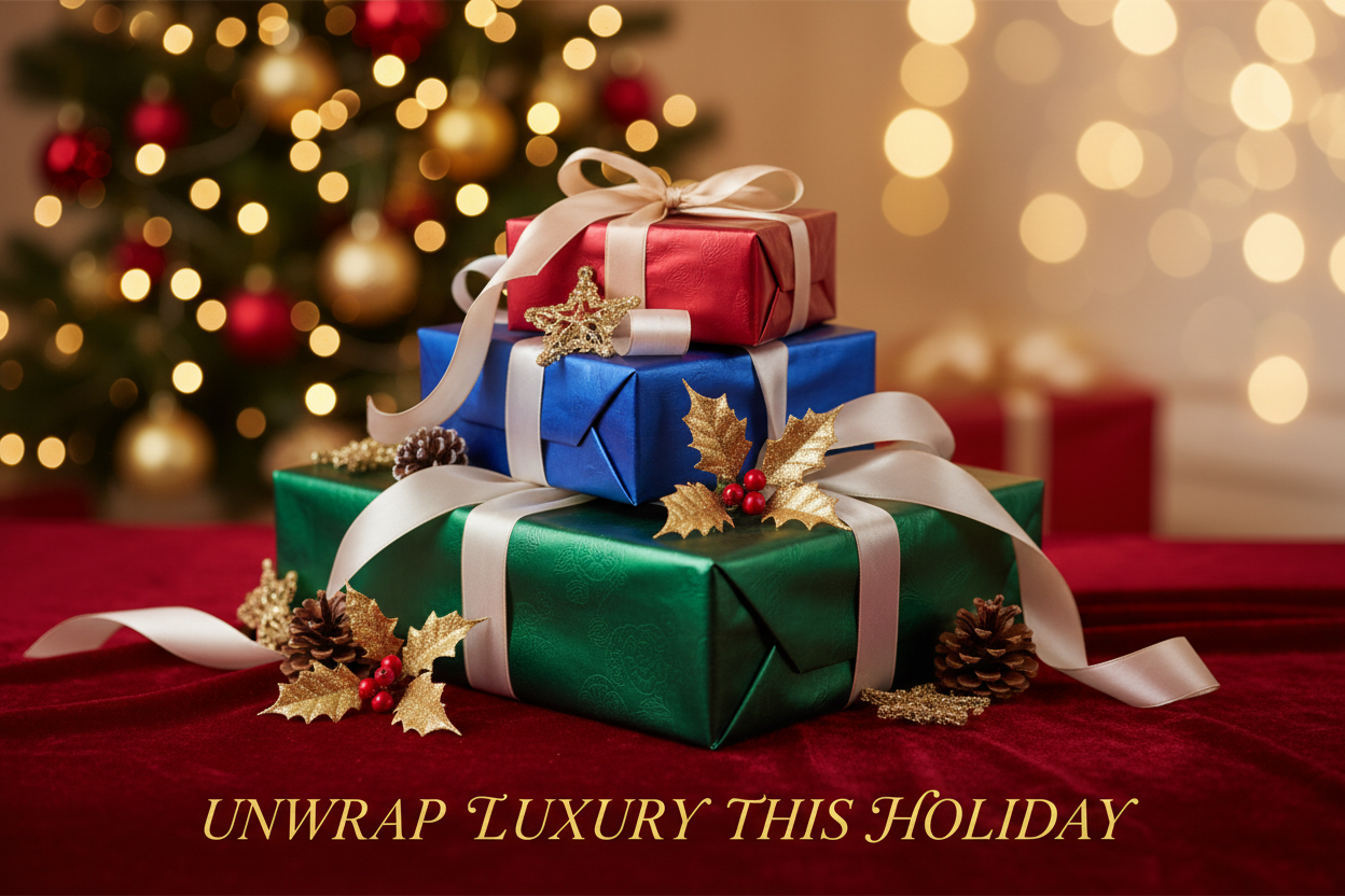 “A luxurious Christmas gift banner featuring three silk gift boxes elegantly arranged on a festive background. The boxes are tied with satin ribbons and decorated with holly, pinecones, and subtle golden ornaments. Soft warm lighting highlights the rich texture of silk and creates a cozy holiday atmosphere. Include subtle bokeh lights in the background for a magical effect. The style should be elegant, premium, and sophisticated, suitable for a luxury holiday gift campaign.”